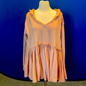 Free people pale pink hoodie. Gathered waist, v- neck, relaxed fit. XS